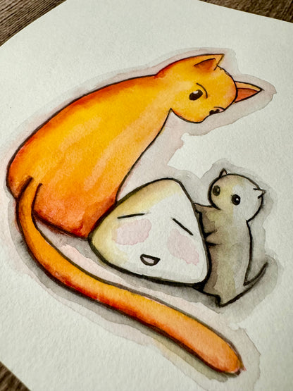 Cat, Rice Cake, Rice: Watercolor Original