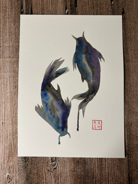 Koi Fish: Watercolor and Ink Original w/ Art of Mizuki Stamp