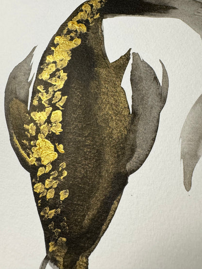 Koi Fish: Ink and Gold Acrylic Original w/ Art of Mizuki Stamp