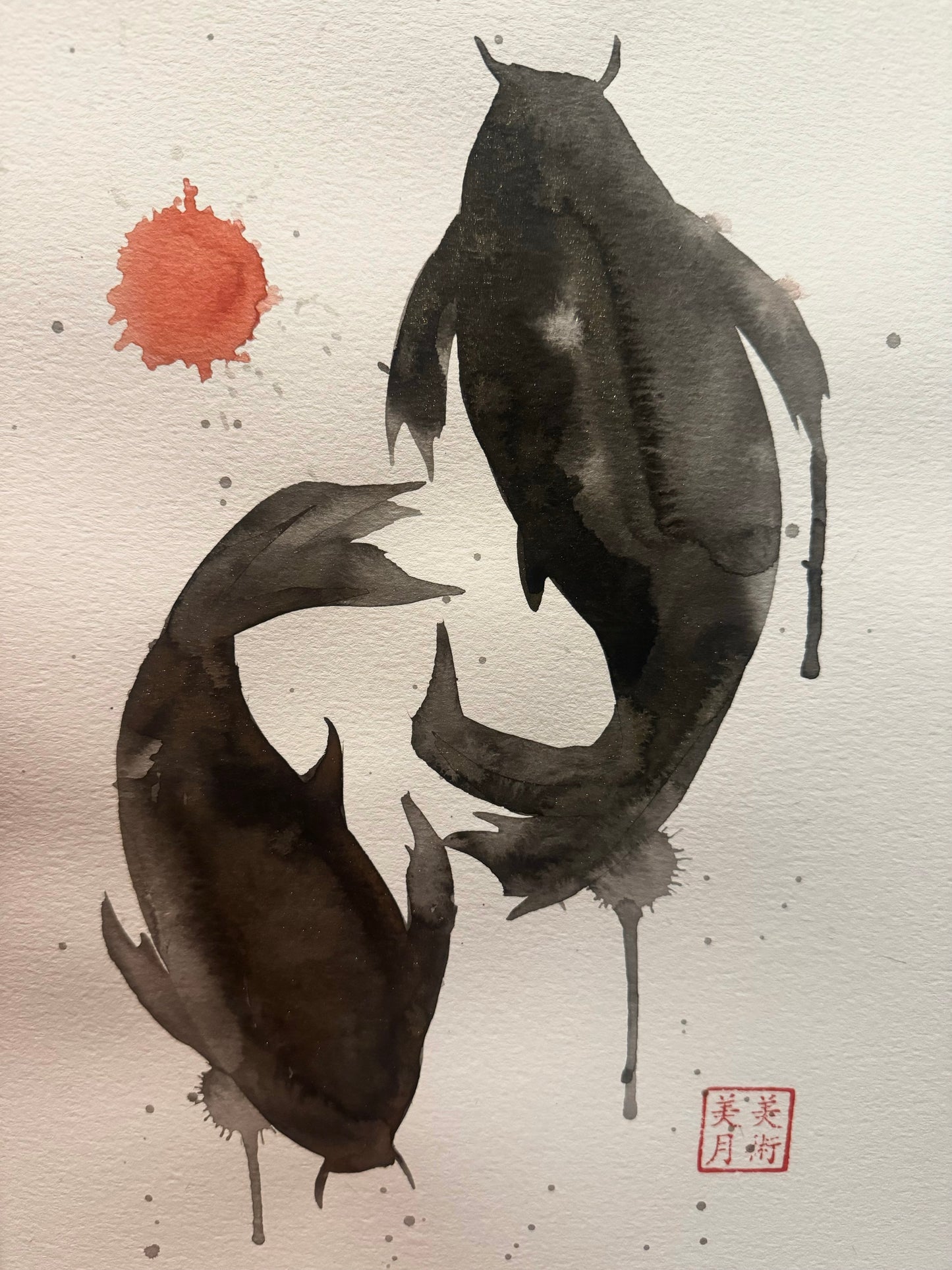 Koi Fish: Watercolor and Ink Original w/ Art of Mizuki Stamp