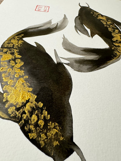 Koi Fish: Ink and Gold Acrylic Original w/ Art of Mizuki Stamp