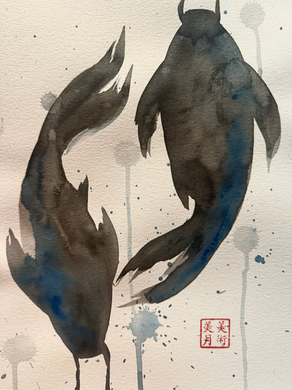 Koi Fish: Watercolor and Ink Original w/ Art of Mizuki Stamp