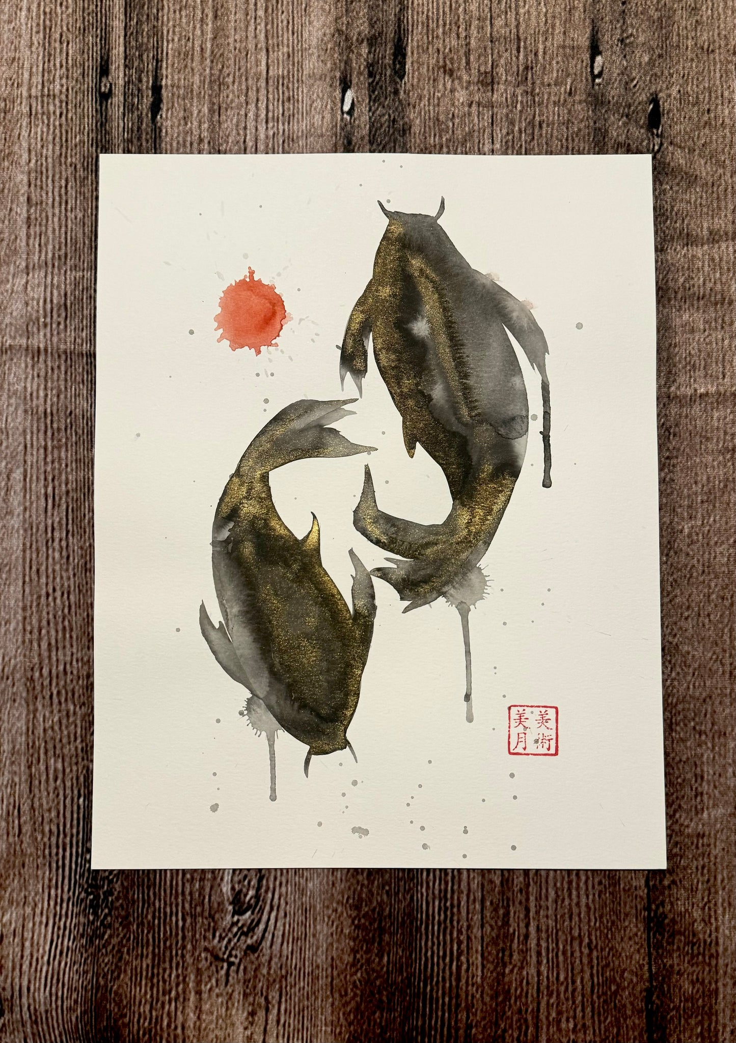 Koi Fish: Watercolor and Ink Original w/ Art of Mizuki Stamp