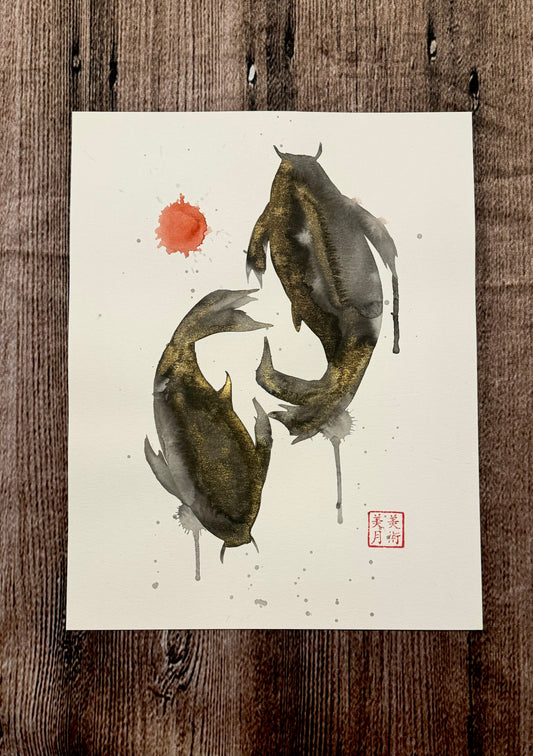 Koi Fish: Watercolor and Ink Original w/ Art of Mizuki Stamp