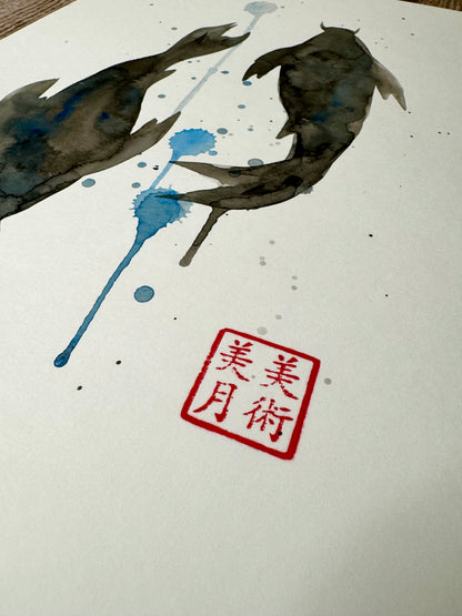 Koi Fish: Watercolor and Ink Original w/ Art of Mizuki Stamp