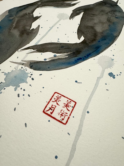 Koi Fish: Watercolor and Ink Original w/ Art of Mizuki Stamp