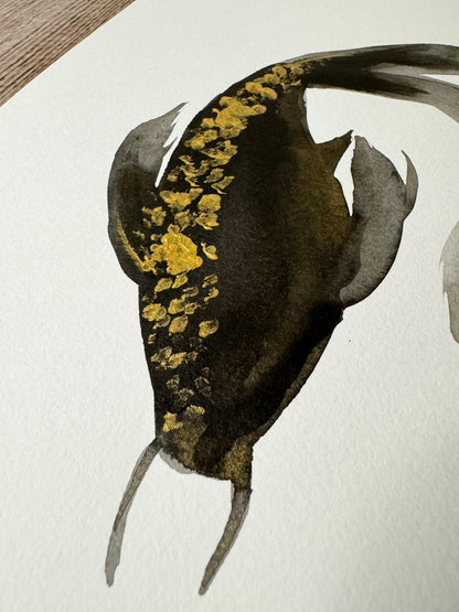 Koi Fish: Ink and Gold Acrylic Original w/ Art of Mizuki Stamp