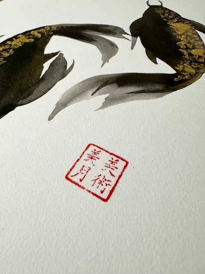 Koi Fish: Ink and Gold Acrylic Original w/ Art of Mizuki Stamp