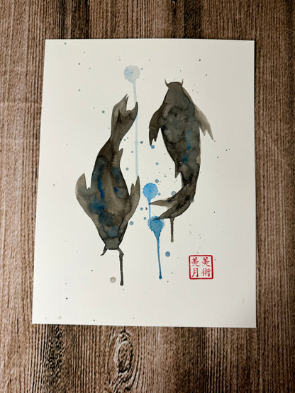 Koi Fish: Watercolor and Ink Original w/ Art of Mizuki Stamp